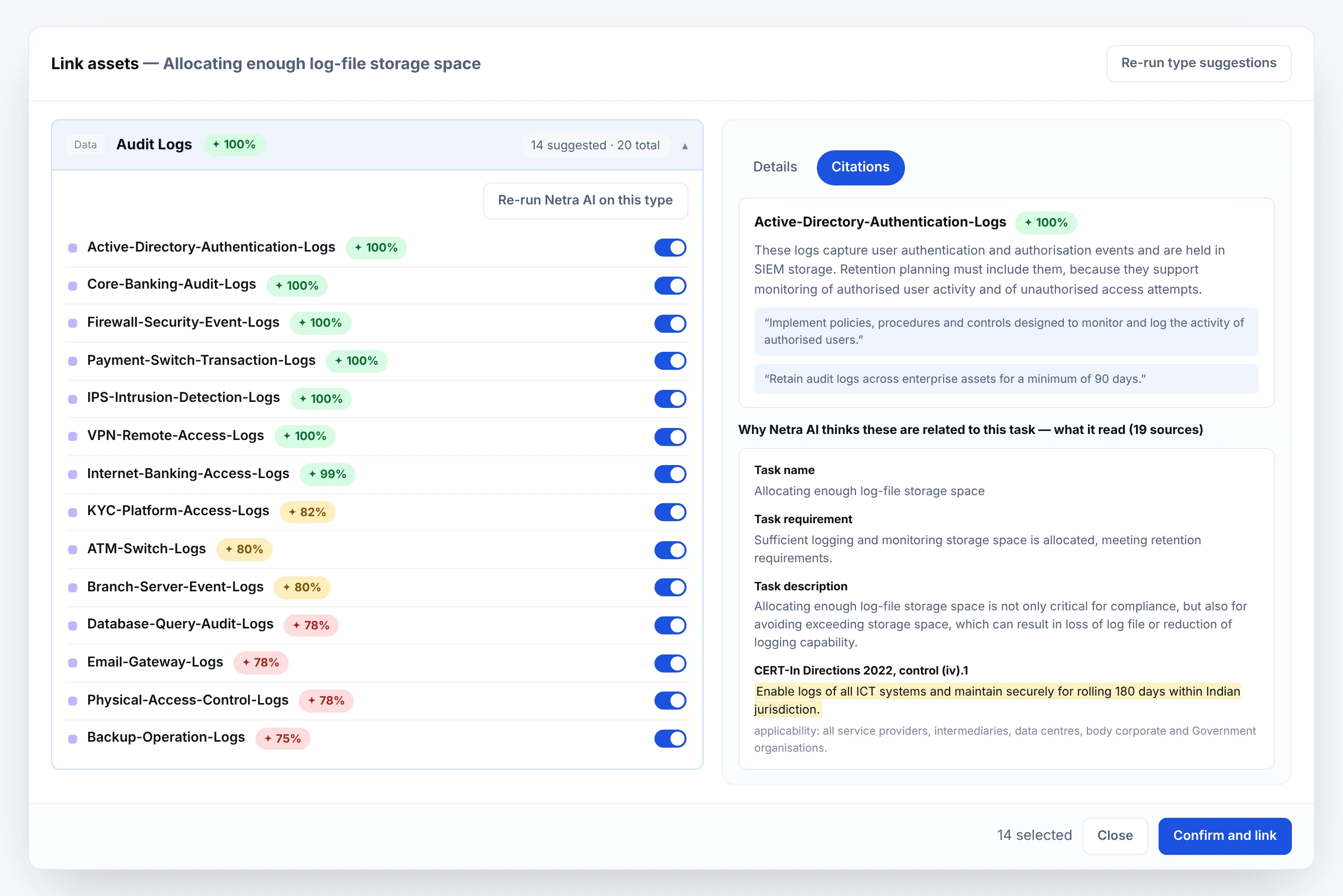 Linking individual assets to a task: fourteen log sources suggested from twenty, each scored and switched on separately, beside a citations panel giving the reasoning and the lines it was drawn from including the task requirement and the CERT-In direction behind it