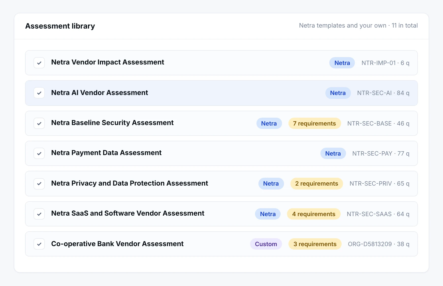 The assessment library with Netra templates and the organisation’s own: a vendor impact screen, an AI vendor assessment, a baseline security assessment and others, each with a question count