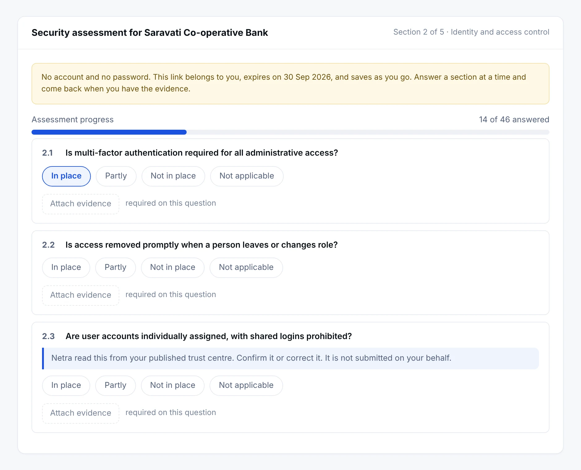 The vendor portal: a security assessment opened at the identity and access control section, with no account or password, a progress bar, answer options on each question, an attachment required, and one answer pre-filled from the vendor’s own published pages for them to confirm or correct